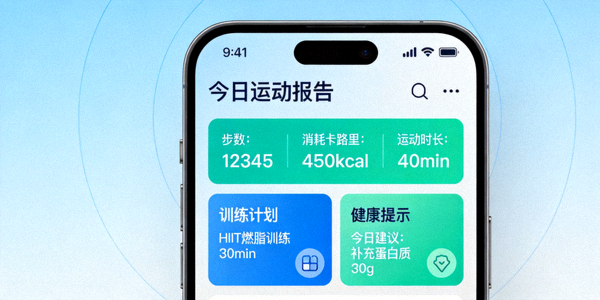 个性化运动健康指南应用界面，手机显示健身数据