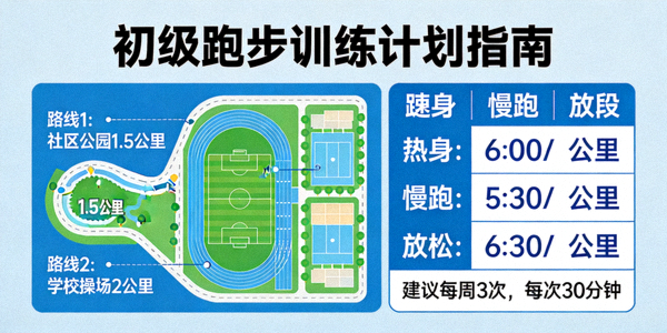 初级跑步训练计划指南 - 跑步路线与配速示意图