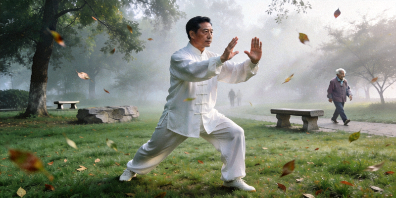 传统武术太极拳表演 - 练习者在公园缓慢而有力地打拳