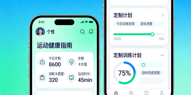 个性化运动健康指南应用界面展示 - 手机屏幕显示个人健身数据与定制计划