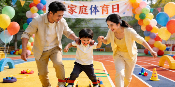 家庭体育日活动现场 - 父母与孩子共同参与趣味运动游戏的温馨场景