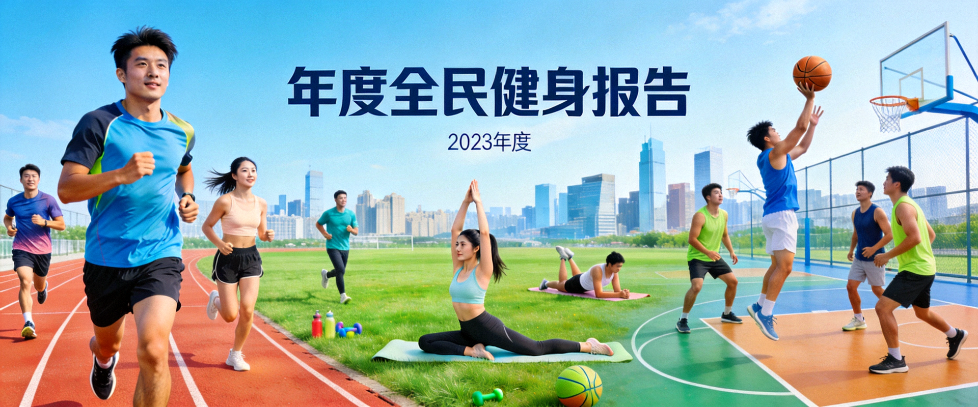 年度全民健身报告封面 - 多样人群参与跑步、瑜伽、球类等运动的合成场景