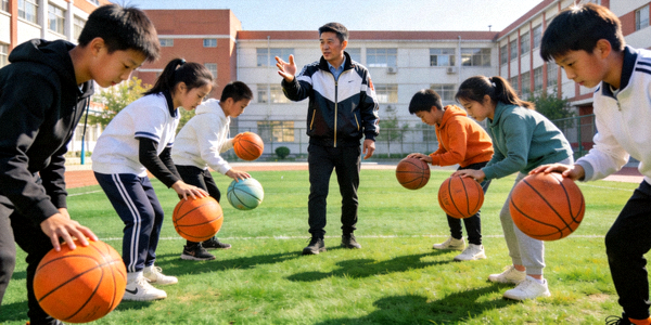 青少年在学校操场进行篮球训练 - 教练指导孩子们练习基本功