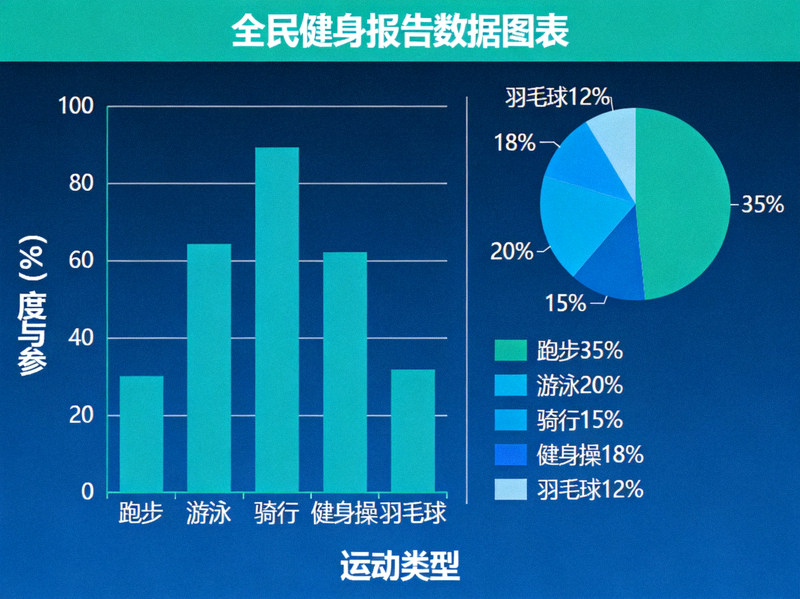 全民健身报告数据图表可视化展示 - 柱状图与饼图显示运动类型分布与参与度增长
