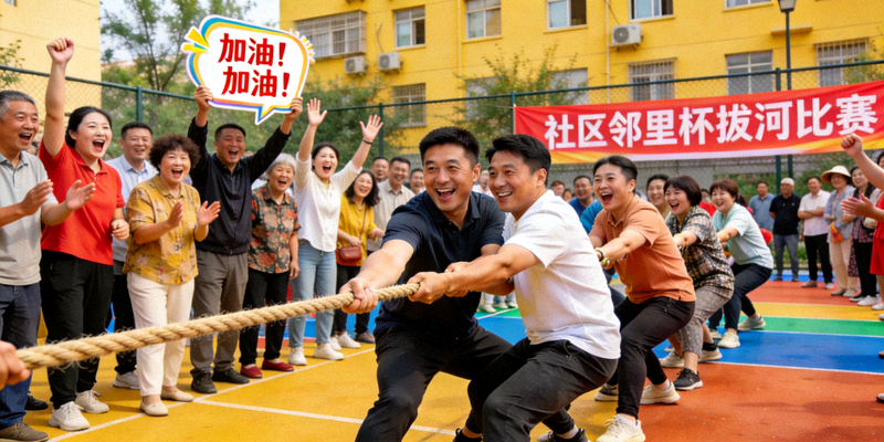 热闹的社区体育赛事活动现场 - 居民们正在进行拔河比赛，观众加油助威