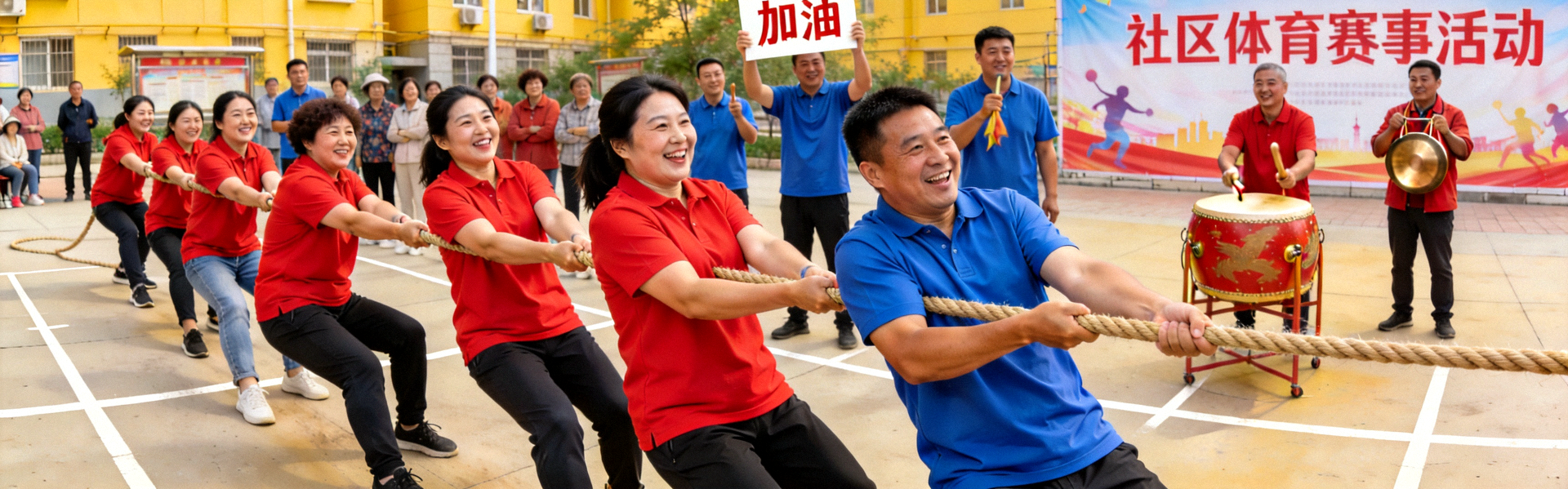 社区体育赛事活动 - 居民参与拔河比赛欢乐场景