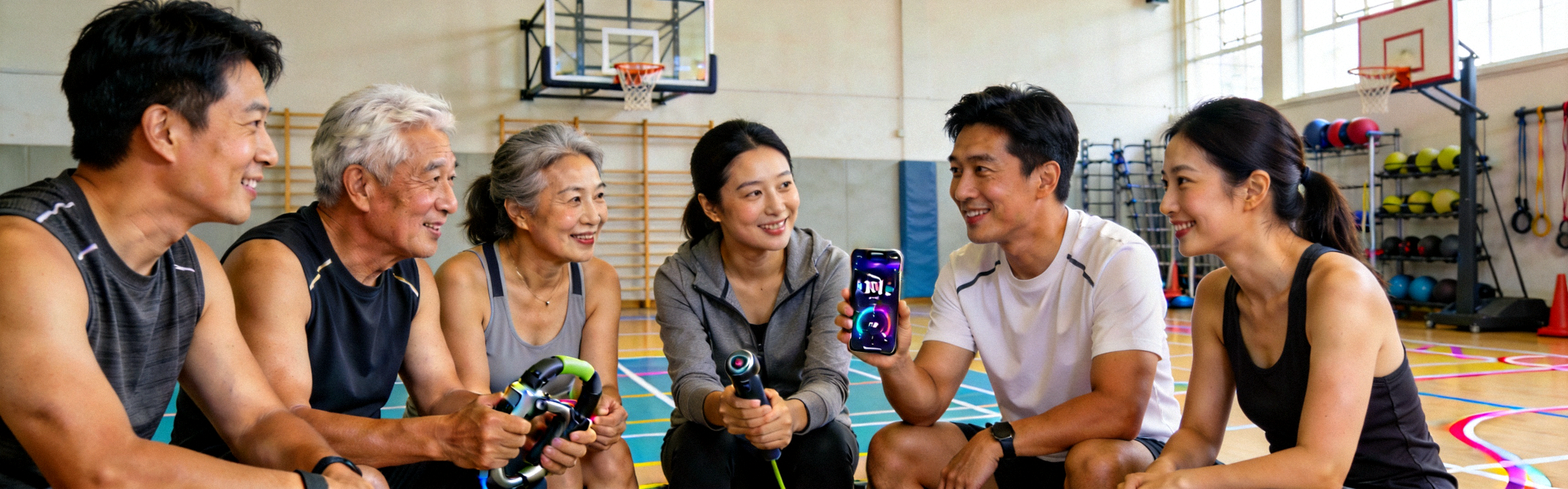 体育社区互动场景 - 人们在体育场馆交流分享运动心得