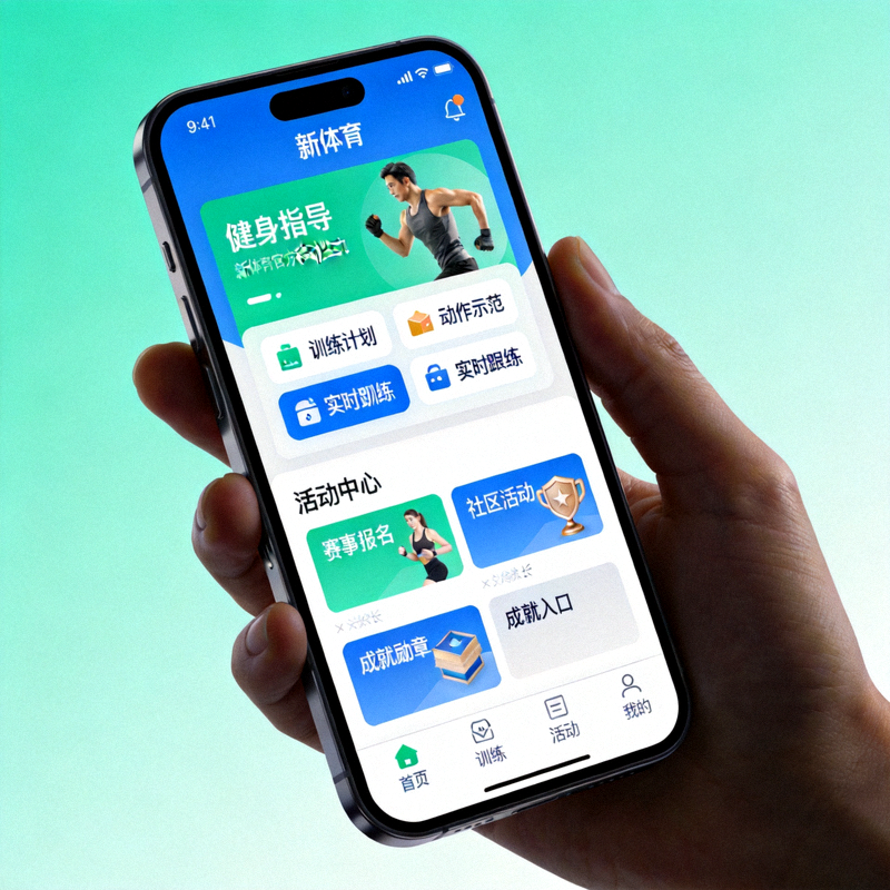 新体育官方移动应用界面展示 - 手机屏幕上显示健身指导与活动功能