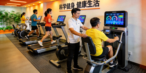 广州社区室内健身空间 - 居民在专业指导下使用智能健身设备