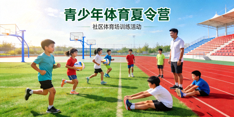 青少年体育夏令营活动 - 孩子们在社区体育场参加训练