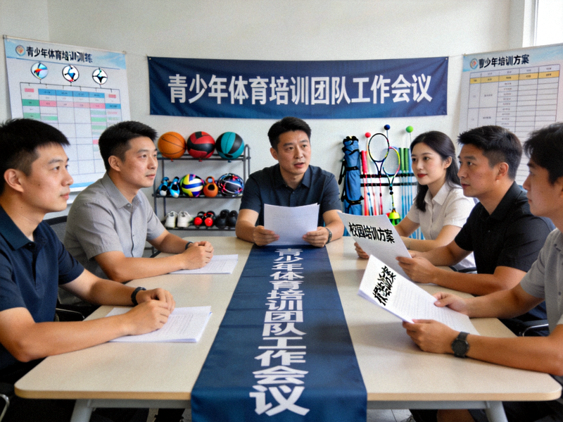青少年体育培训团队工作会议 - 团队成员正在讨论校园培训方案