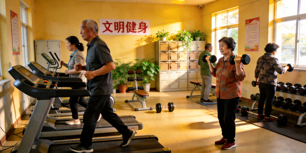 社区室内健身活动室 - 居民使用跑步机等健身设备