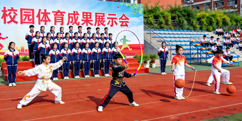 校园体育成果展示会上，学生们表演团体操和体育技能