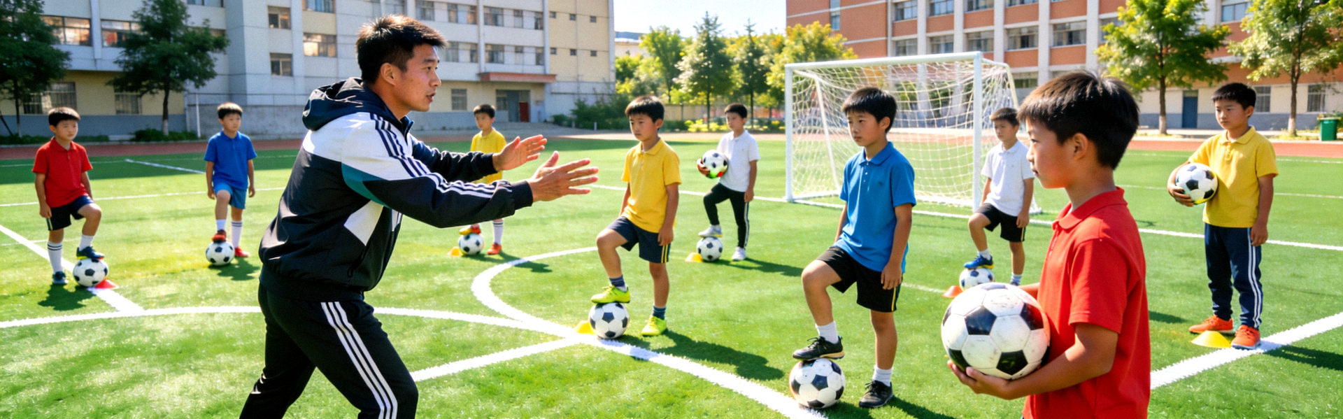 校园足球场上青少年学生跟随专业教练进行足球技能训练