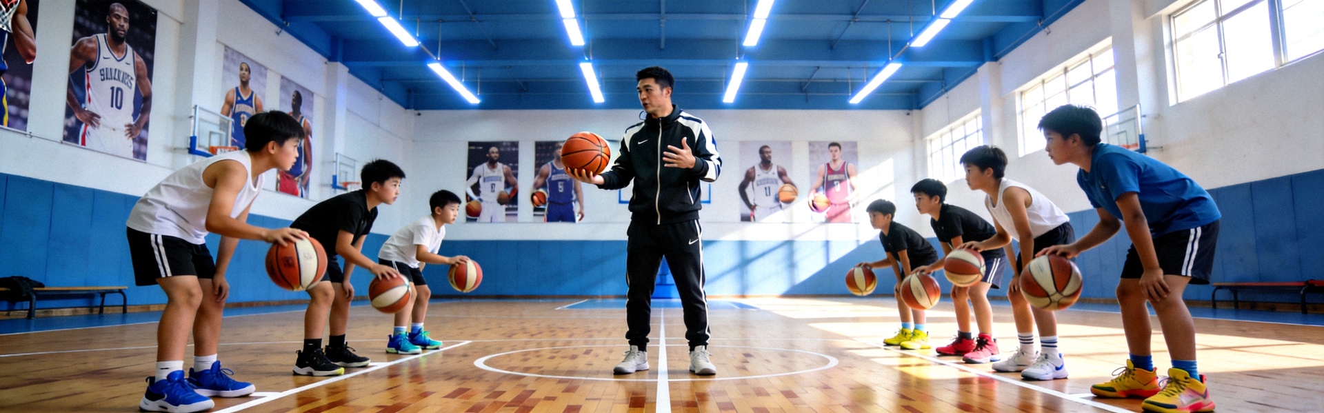 专业篮球教练在校园体育馆指导青少年学生进行篮球训练