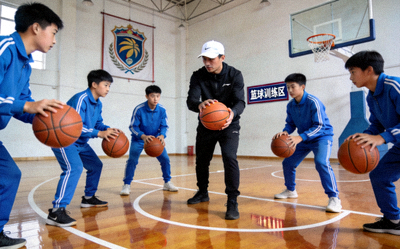 专业篮球教练在中学体育馆内指导学生们进行运球基础训练