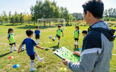 专业足球教练在小学绿茵场上指导孩子们进行传球和射门练习