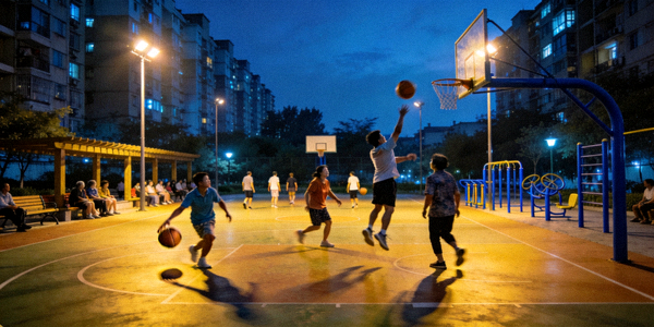 社区多功能灯光篮球场 - 夜晚居民进行篮球活动