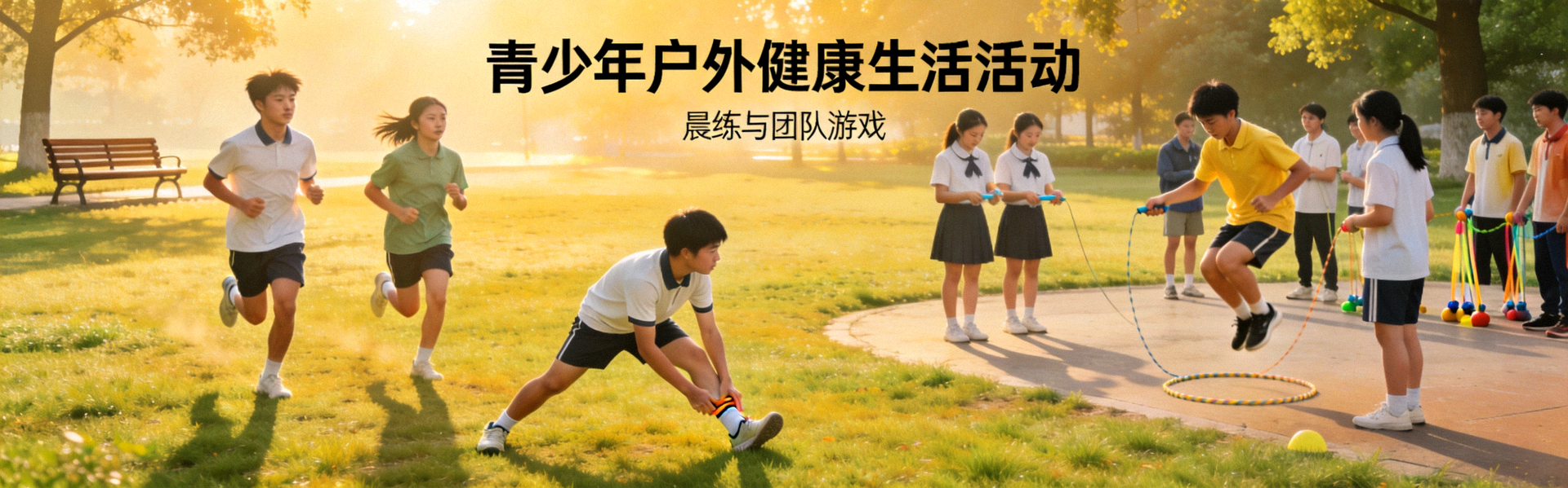 青少年参与户外健康生活活动 - 学生们在公园进行晨练和团队游戏