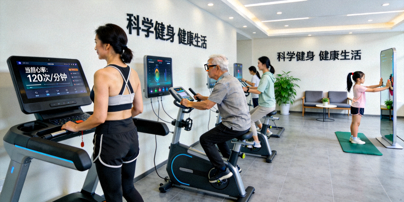 上海浦东新区社区健身中心内景 - 居民使用智能健身设备进行锻炼