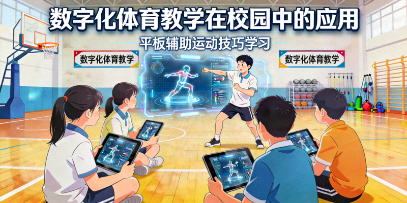 数字化体育教学在校园中的应用 - 学生使用平板电脑学习运动技巧