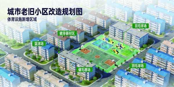 城市老旧小区改造规划图 - 标注新增体育设施区域