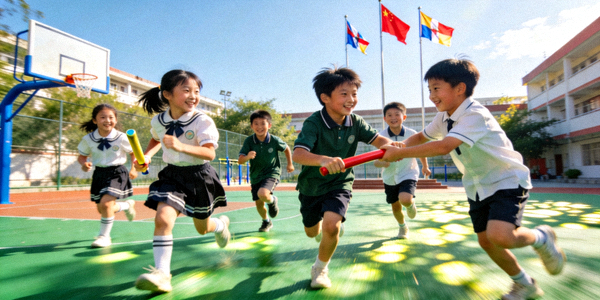 青少年在校园操场上进行趣味体育游戏的场景 - 孩子们快乐奔跑