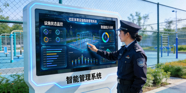 社区体育设施智能管理系统展示 - 工作人员在电子屏前操作