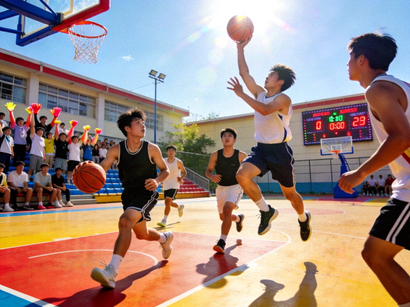 中学校园篮球比赛激烈进行的场景 - 学生们在球场上拼搏