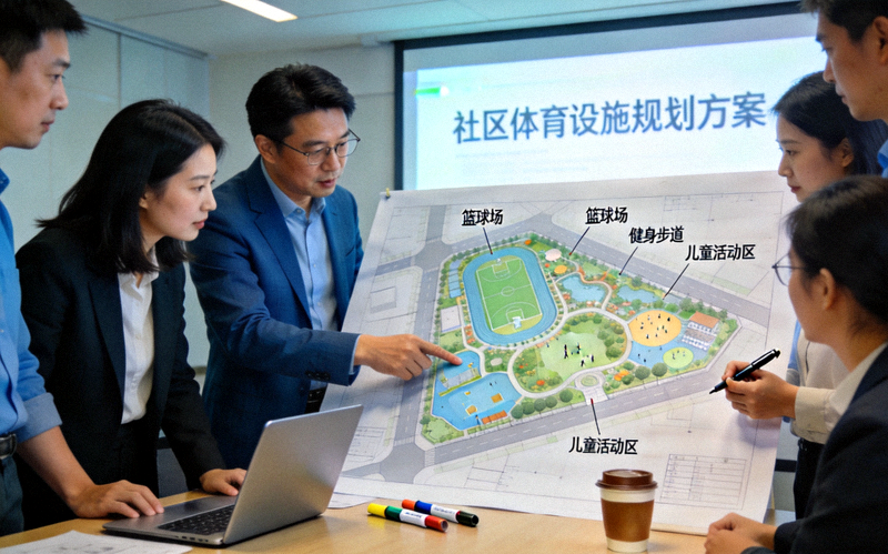 城市规划会议讨论社区体育设施布局图 - 专业人士在图纸前研讨