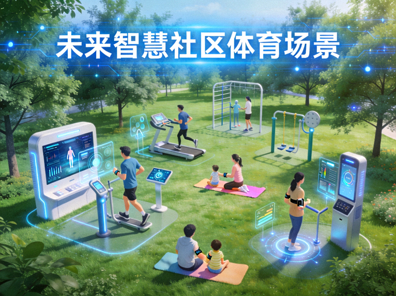 未来智慧社区体育场景概念图 - 绿色空间中融合高科技健身设施与居民活动