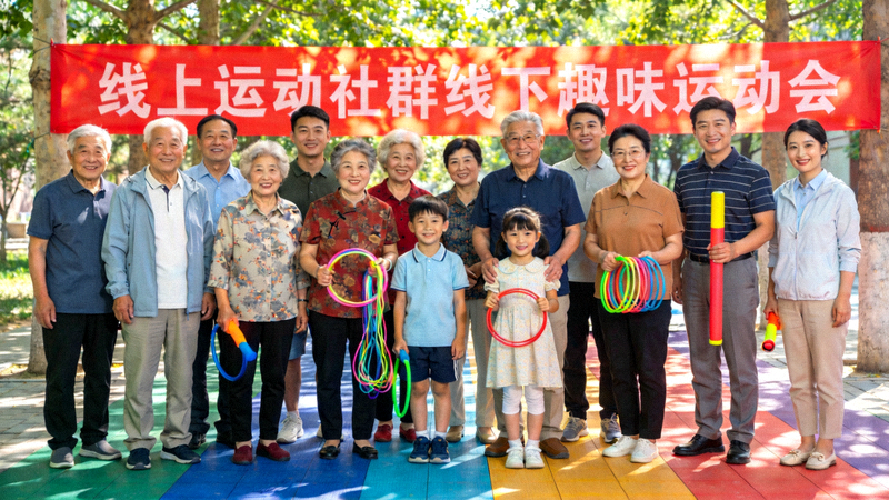 线上运动社群线下活动合影 - 不同年龄层居民共同参与趣味运动会