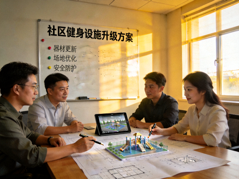 全民健身社区平台团队工作场景 - 团队成员讨论社区设施升级方案