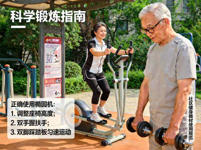 社区居民按照健身指南进行科学锻炼 - 正确使用健身器材示范