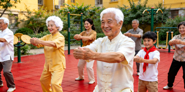 社区居民在广场上一起练习太极拳，不同年龄层的人共同参与，促进社区和谐