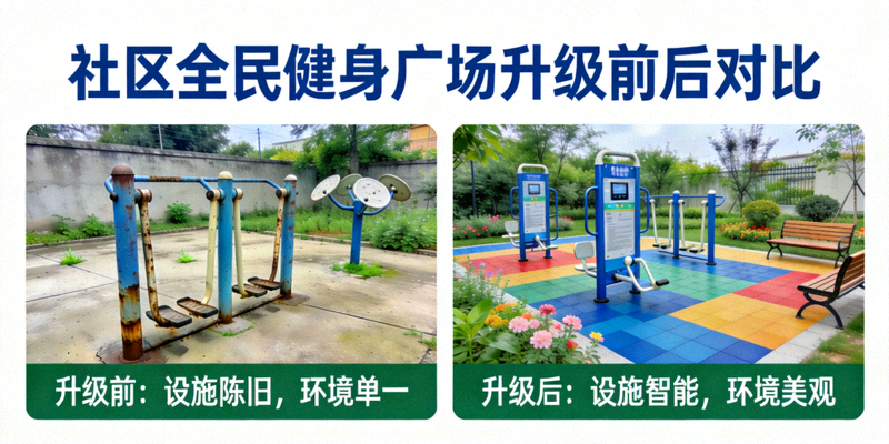 社区全民健身广场升级前后对比图 - 展示设施改造与环境美化成果