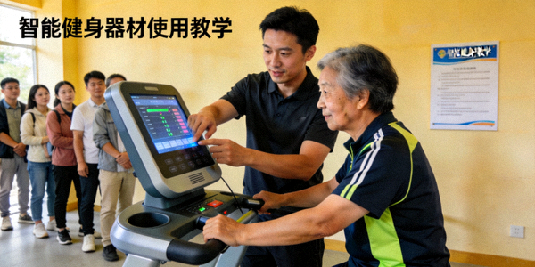 智能健身器材使用教学现场 - 专业教练指导居民使用新设备