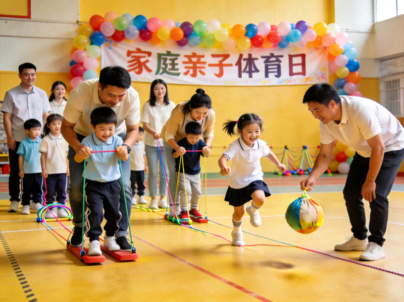 家庭亲子体育日活动现场，父母与孩子共同参与趣味运动游戏，充满欢声笑语