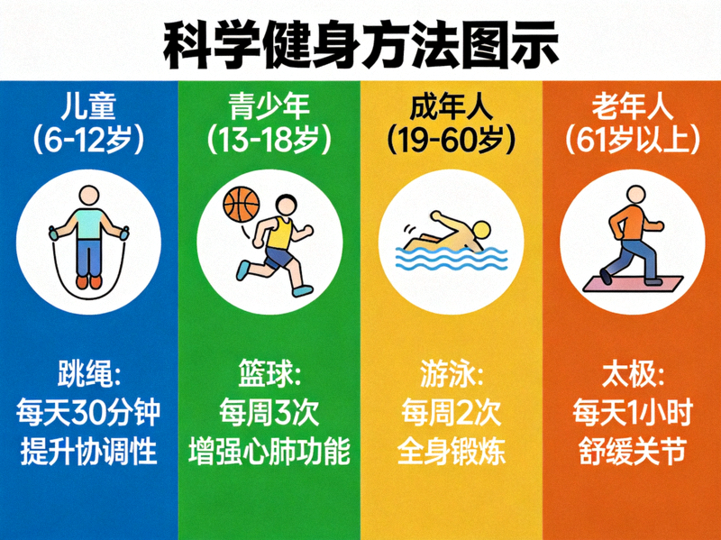 科学健身方法图示 - 展示不同年龄段人群适宜的运动方式