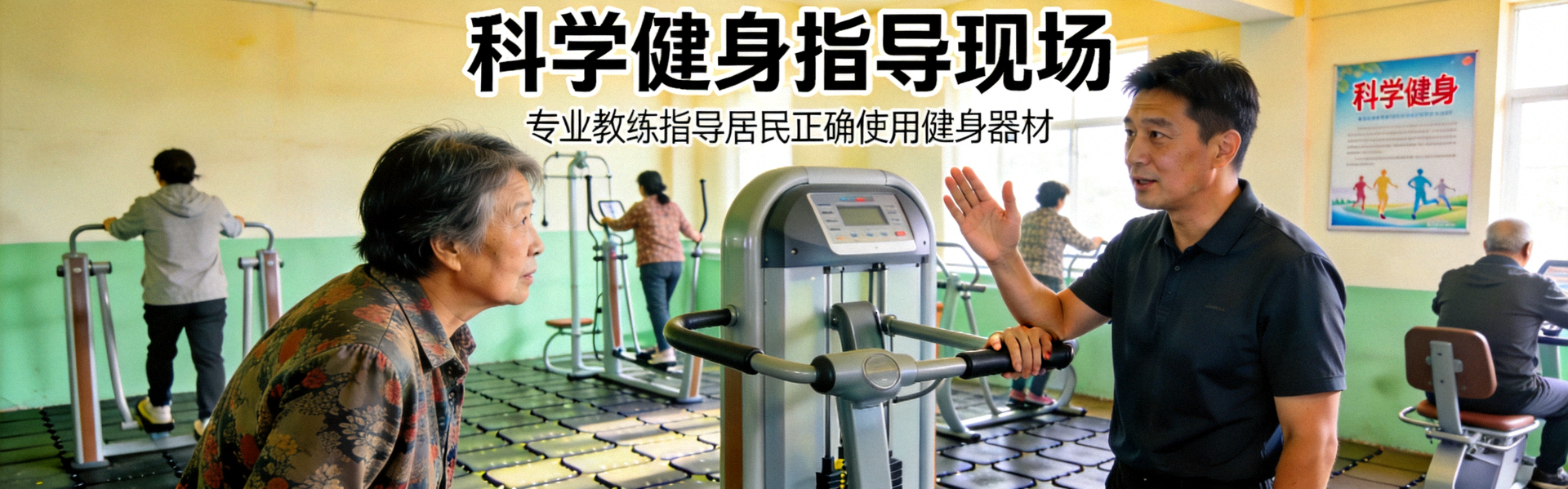 科学健身指导现场 - 专业教练指导居民正确使用健身器材