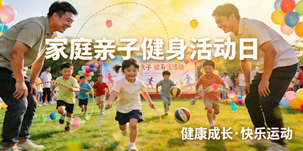 家庭亲子健身活动日现场 - 家长与孩子一起参与体育游戏