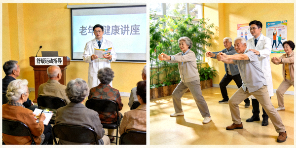 老年健康讲座与锻炼 - 专家讲解老年健康知识并带领舒缓运动
