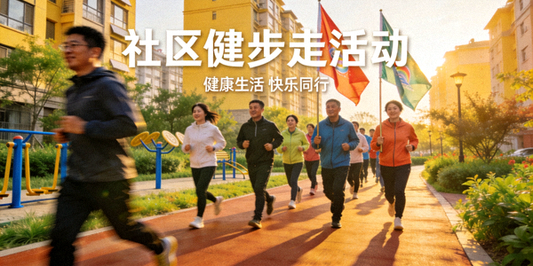 社区健步走活动 - 居民沿着社区绿道集体健步走