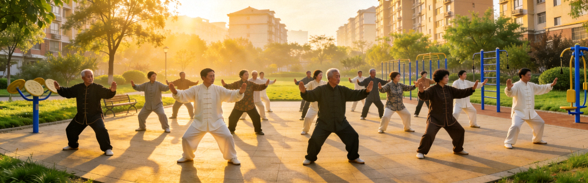 社区居民在公园集体练习太极拳 - 清晨阳光下的和谐健身场景