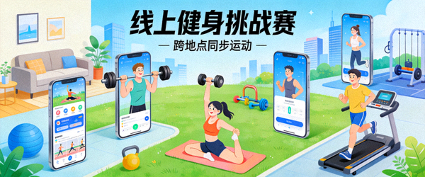 线上健身挑战赛 - 不同地点的人们通过手机应用同步参与健身运动
