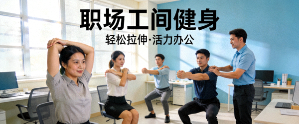 职场工间健身推广 - 办公室内员工在专业指导下进行拉伸和简易锻炼