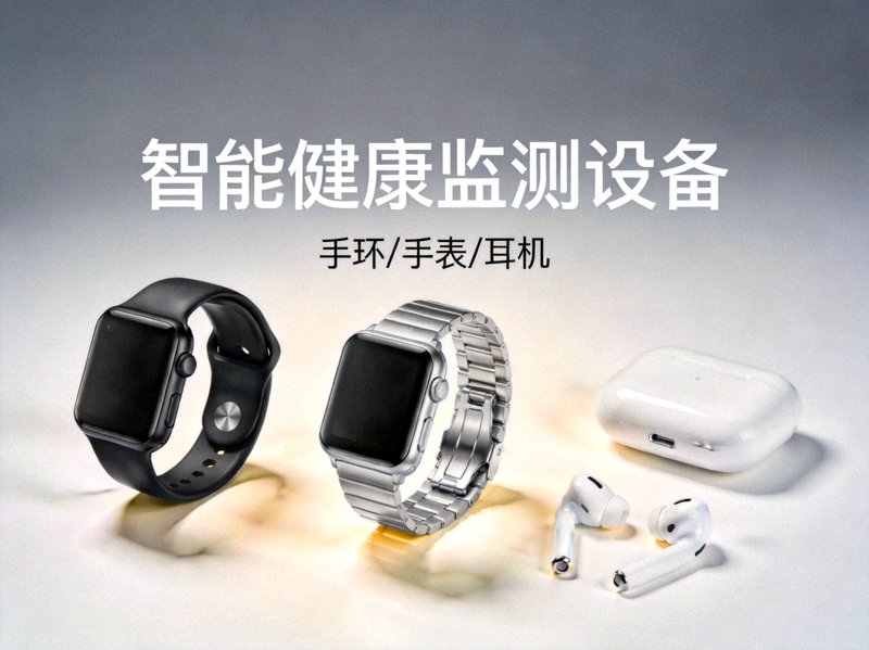 多种智能穿戴设备展示 - 手环、手表、耳机等健康监测设备