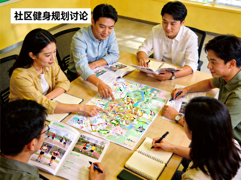 全民健身新风尚团队讨论社区健身规划 - 团队成员围绕地图和资料进行研究
