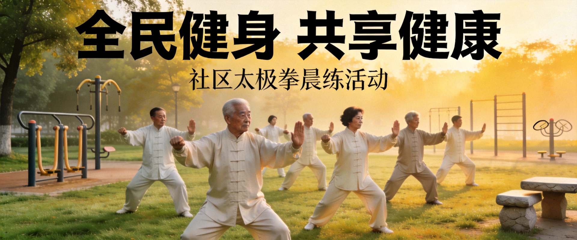 社区居民在公园集体进行太极拳晨练的和谐场景 - 全民健身活动推广
