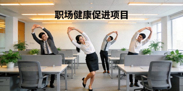 企业办公室内员工在工作间隙做拉伸操 - 职场健康促进项目